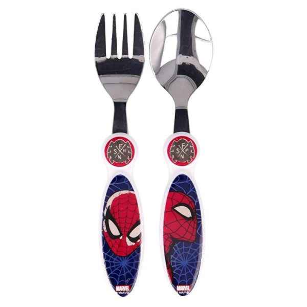 Set de 2 cubiertos infantiles de acero inoxidable compuesto de tenedor y cuchara de Spiderman Embalaje Deteriorado Online Sale